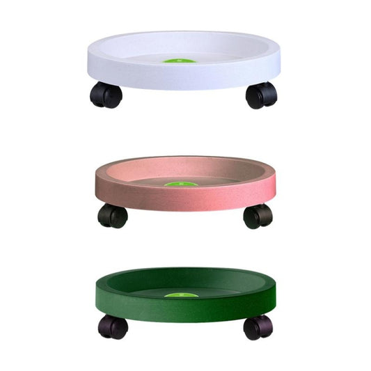 Stacked round plant pot trays: white, pink, and green with caster wheels