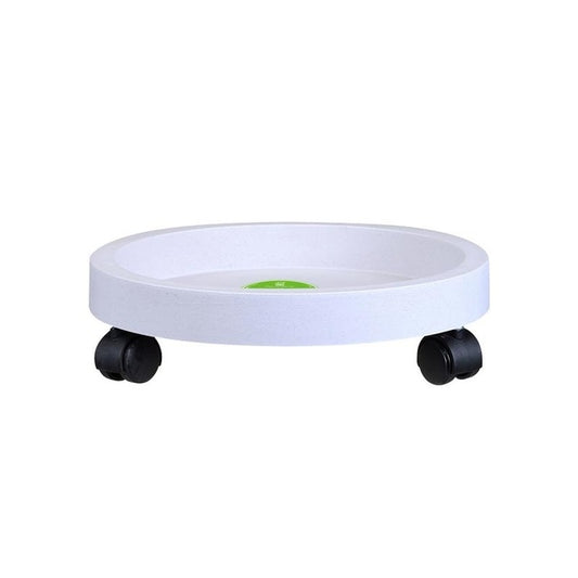 White round plastic plant pot tray with caster wheels and circular inner base