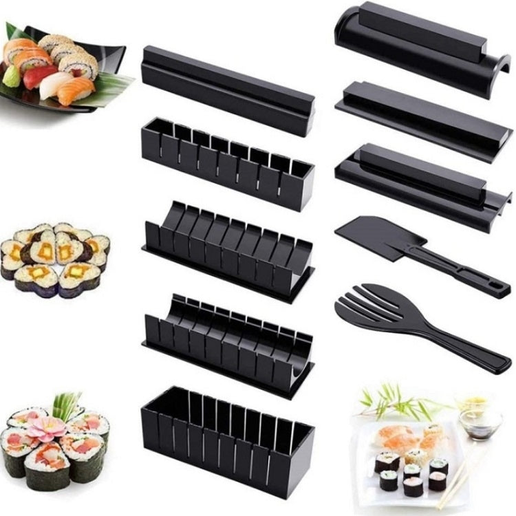 Sushi mold set showing black rice-shaping presses and serving fork-style tool