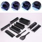 Black sushi rice ball mold kit with several shaped compartments and fork utensil