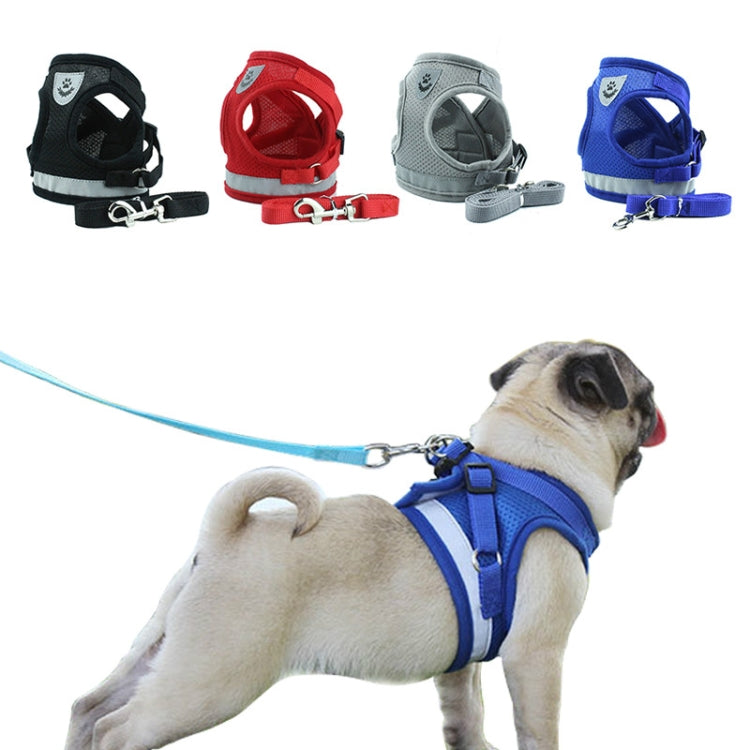 Blue reflective mesh dog safety vest harness with lead on a small dog