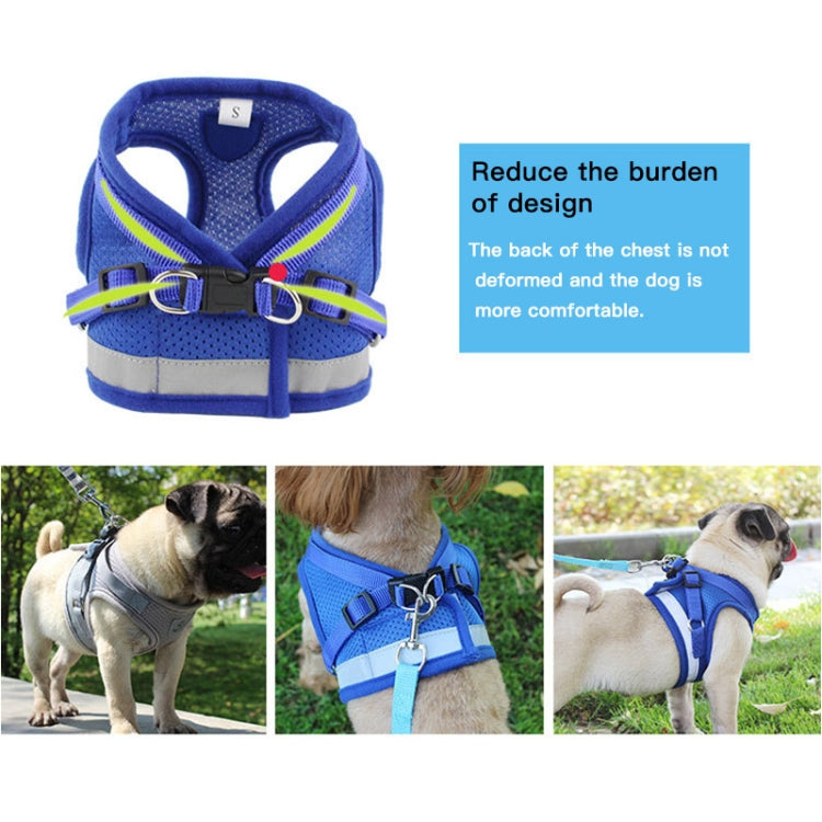 Blue reflective mesh dog safety vest harness with chest straps and leash clip