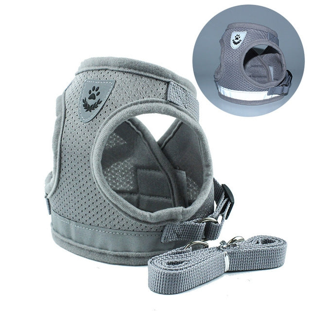 Adjustable grey reflective mesh pet vest harness with leash strap and metal clips