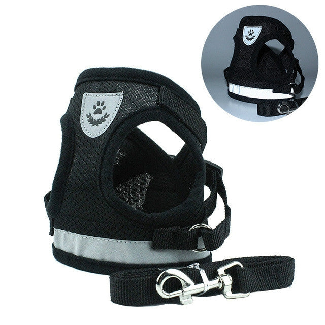 Adjustable black reflective mesh pet vest with leash and clasp hardware