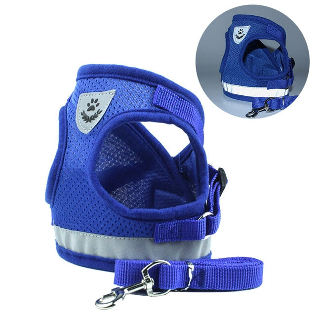 Adjustable blue reflective mesh pet vest harness with reflective trim and leash clip