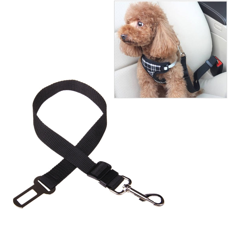 Pet car safety belt with metal hook clip, black nylon strap