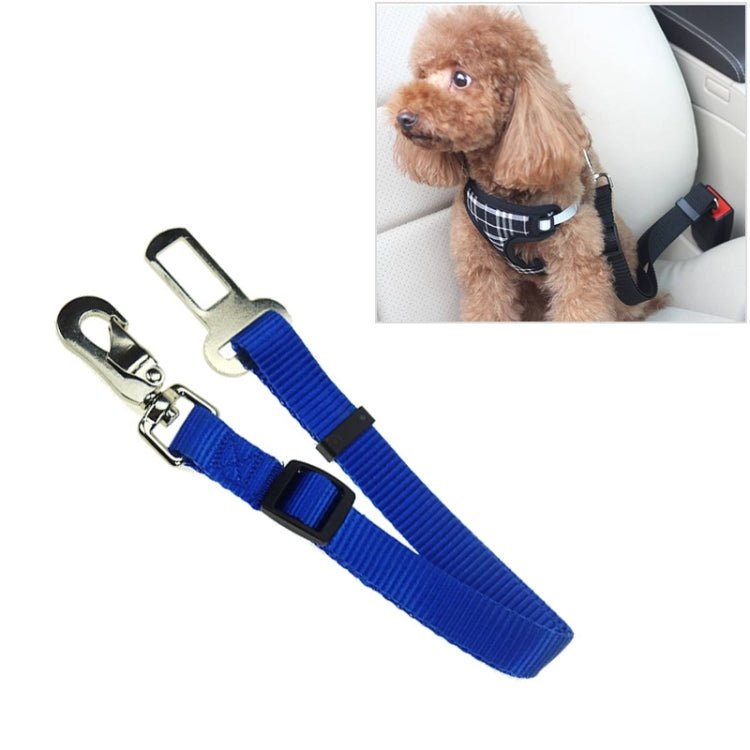 Pet car safety belt with metal swivel clip, blue nylon strap