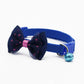 Adjustable pet bell collar with dark blue bow and blue collar with blue bell