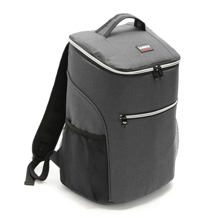 Gray insulated picnic cooler backpack with top handle and front zipper pocket
