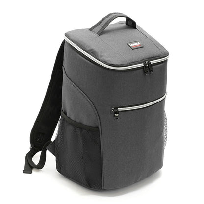 Gray insulated picnic cooler backpack with top handle and front zipper pocket