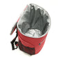 Red insulated cooler backpack with open insulated lining and mesh front compartment