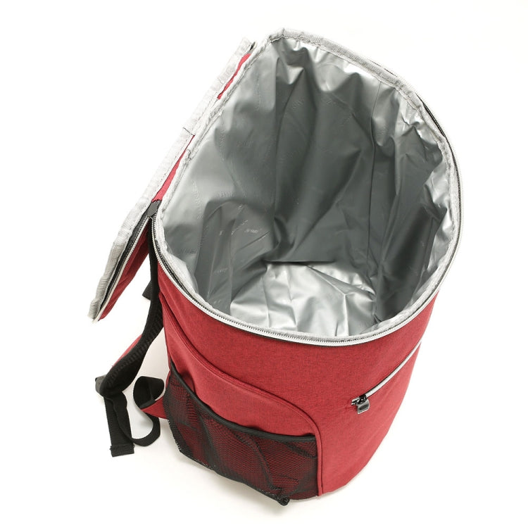 Red insulated cooler backpack with open insulated lining and mesh front compartment