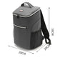 Gray insulated cooler backpack with size details, top handle and front zipper
