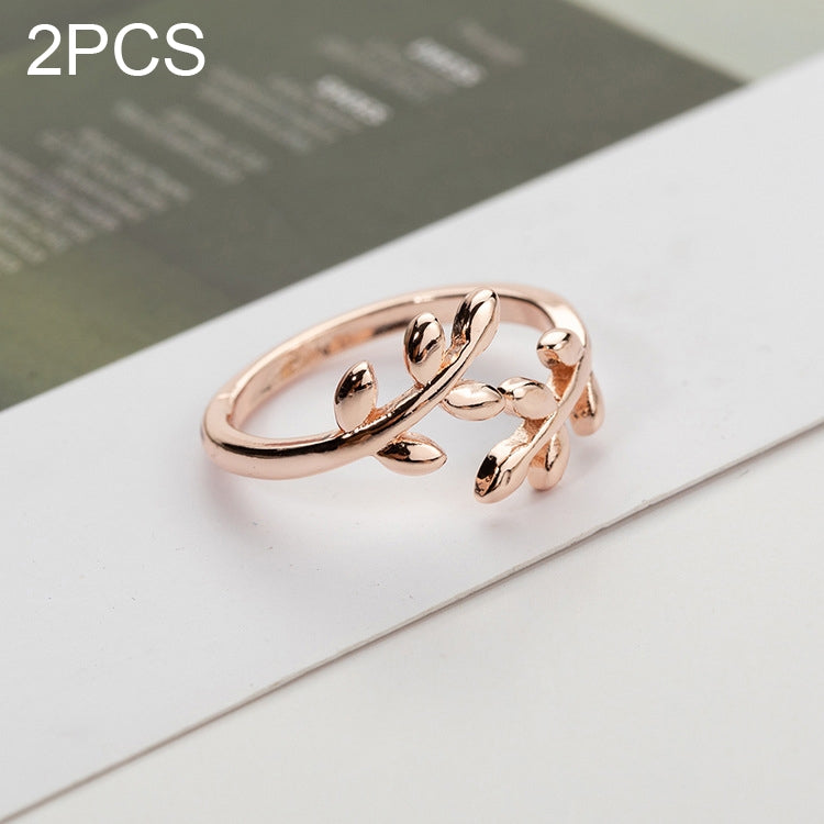 Set of 2 rose gold open adjustable leaf-branch charm rings with leaf details