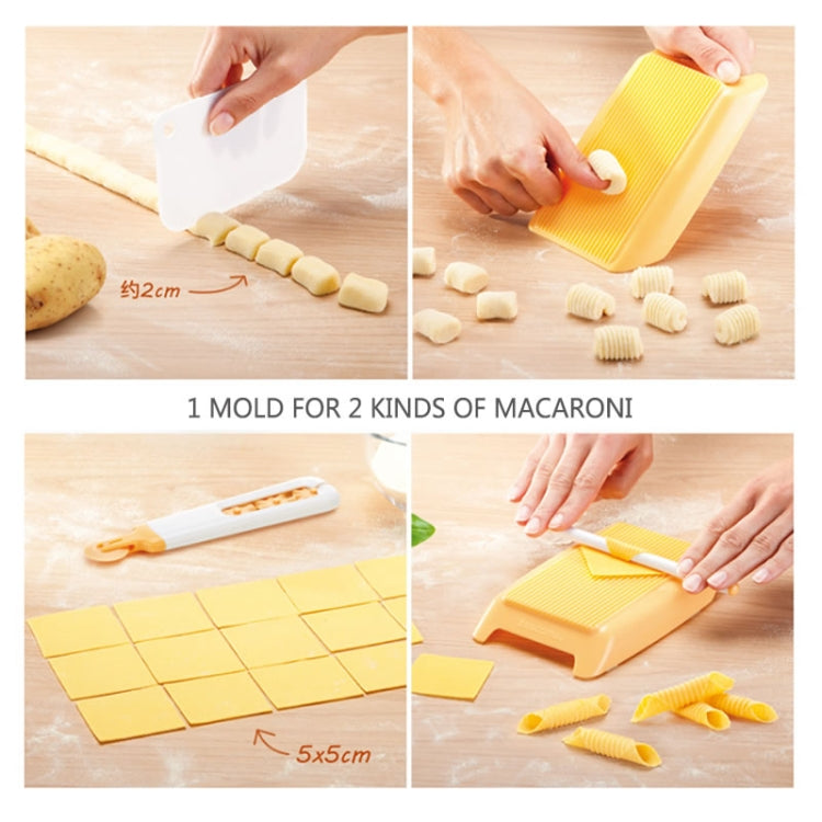 Yellow plastic pasta mold for two macaroni styles, with white cutter roller