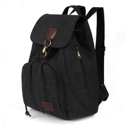 Black canvas student laptop backpack with front flap and adjustable shoulder straps