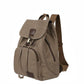 Khaki canvas backpack with front flap, zipper pocket, and adjustable shoulder straps