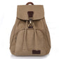 Tan canvas student laptop backpack with front flap and brown leather trim