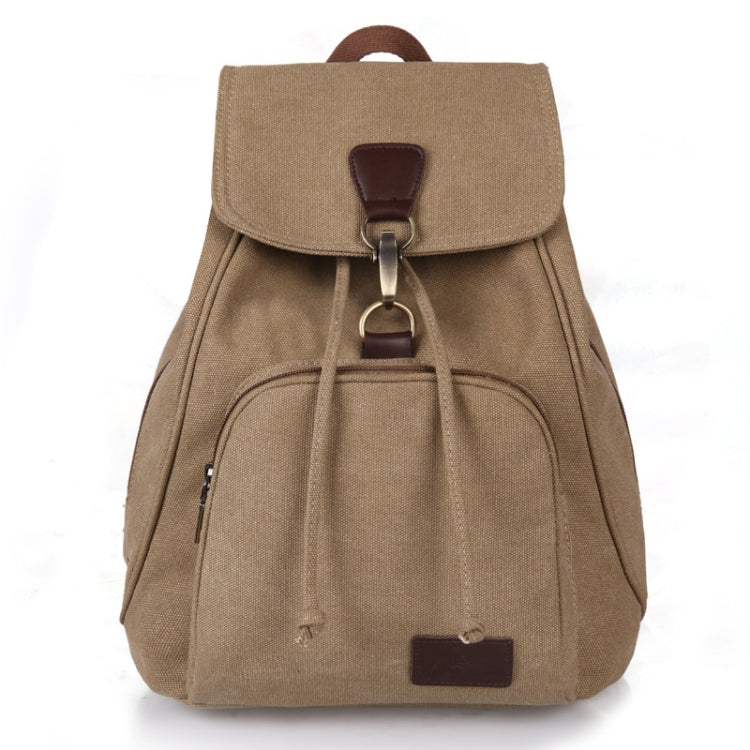 Tan canvas student laptop backpack with front flap and brown leather trim