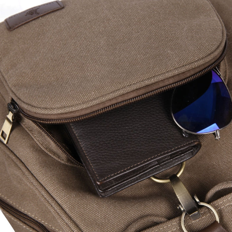 Tan canvas backpack front pocket with zipper and brown leather trim detail