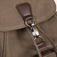 Tan canvas backpack flap with brown leather accent and metal clasp hardware