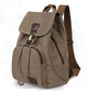 Brown canvas student laptop backpack with front flap, zipper pocket, and shoulder straps