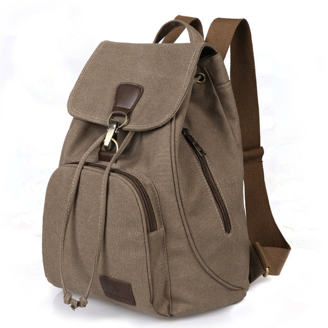 Brown canvas student laptop backpack with front flap, zipper pocket, and shoulder straps
