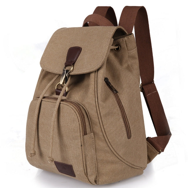 Taupe canvas student laptop backpack with front flap and adjustable shoulder straps