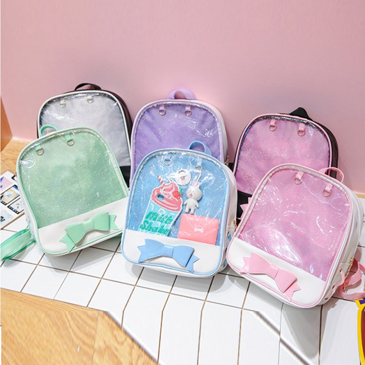 Mini transparent children’s backpacks set in pink, blue, green, and purple with bow fronts