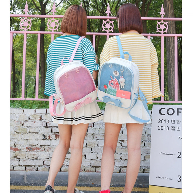Kids’ mini transparent backpacks in pink and light blue with bow accents, worn from behind