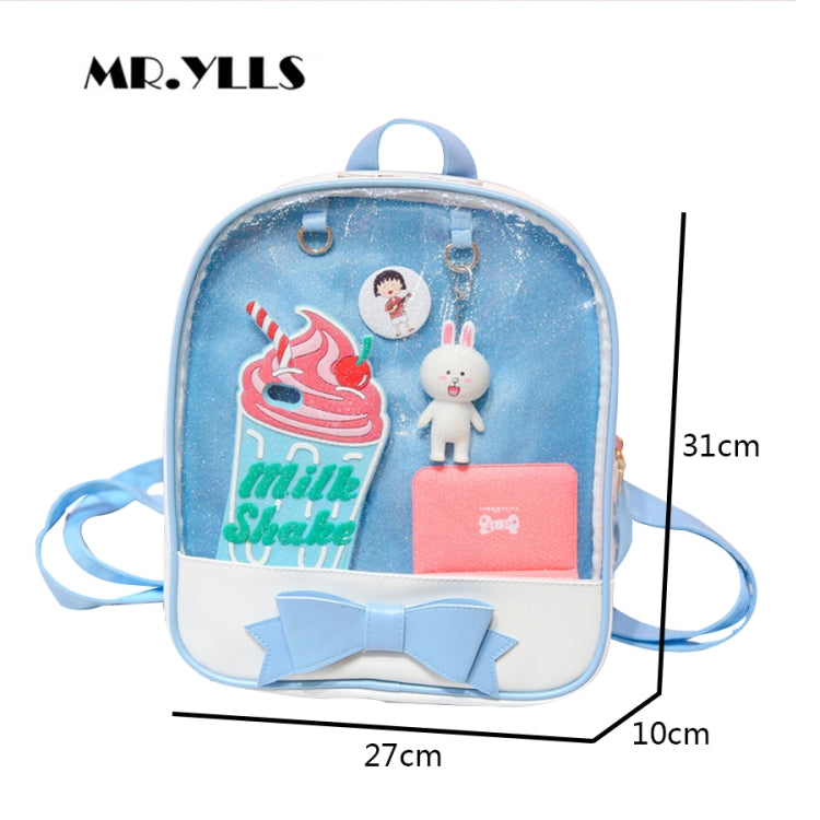 Light blue mini transparent backpack with cartoon bunny patch and big bow front