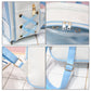 Light blue mini transparent backpack close-up of eyelets, straps, and buckle details