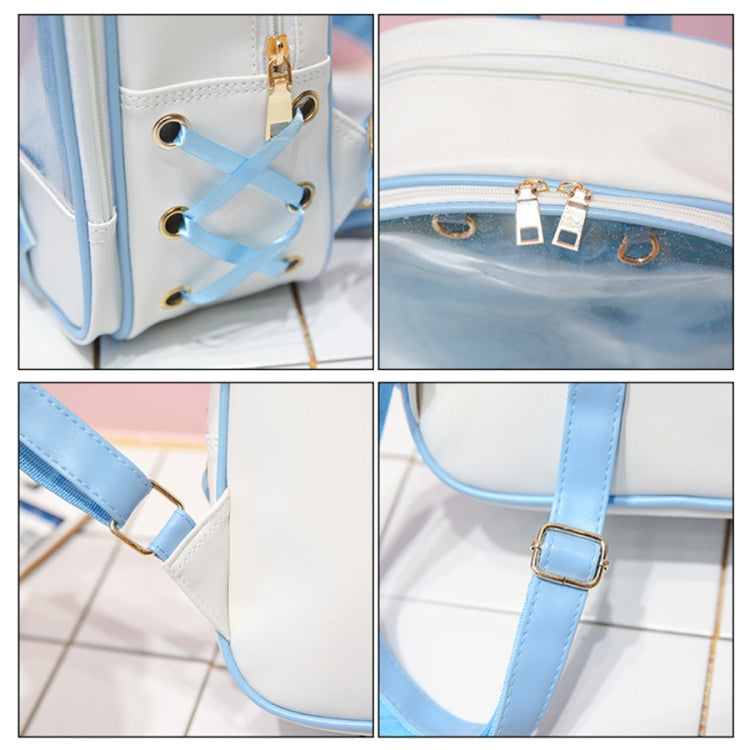 Light blue mini transparent backpack close-up of eyelets, straps, and buckle details
