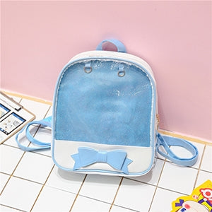 Mini transparent children's backpack in light blue with bow front detail and side strap