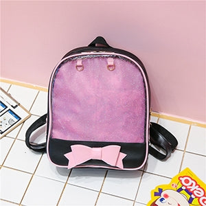 Kids transparent mini backpack with pink bow, black trim, adjustable straps