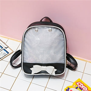 Kids transparent mini backpack with light bow, black trim, adjustable straps