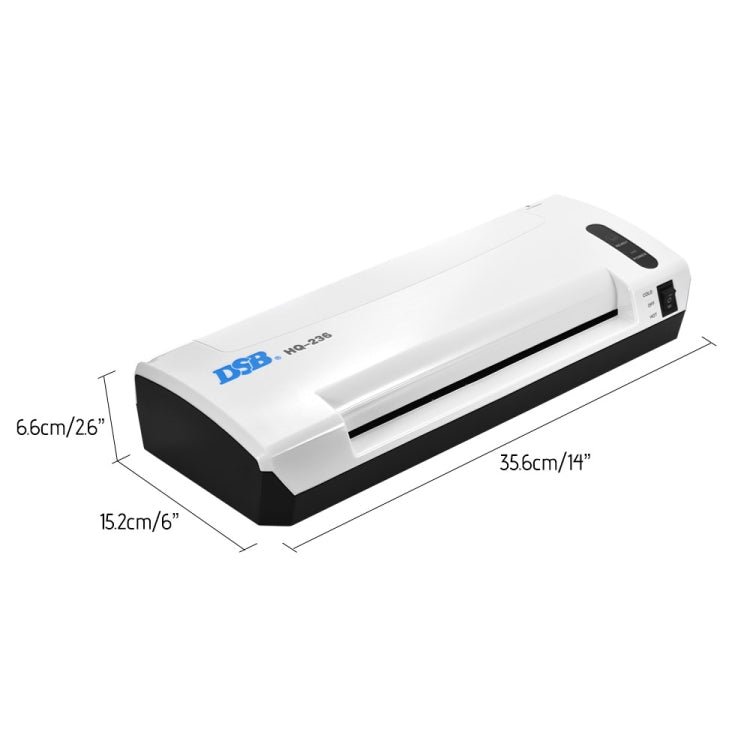 White laminator with size dimensions and control panel, HQ236