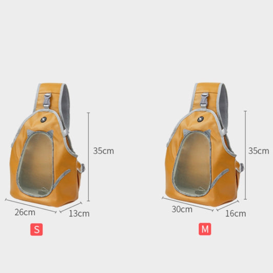Orange pet shoulder carrier bag with mesh window, size S and M dimensions