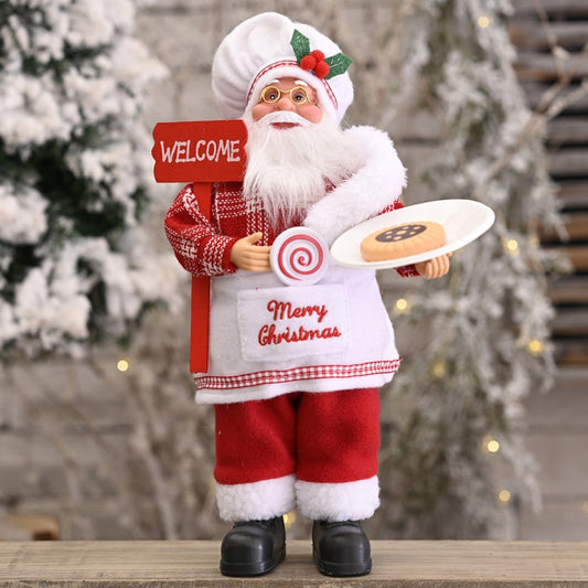 Standing Santa Claus doll ornament in red suit with white beard, holding a tray