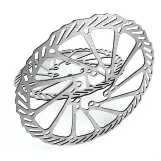 Mountain bike disc brake rotor, silver-gray with cutout pattern