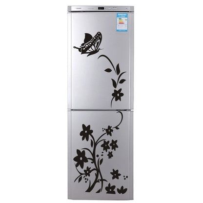 Black floral refrigerator wall sticker set with bird, leaves, and blossoms on a white fridge.
