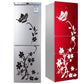 Refrigerator sticker design in black on one fridge and white flowers on a red fridge.