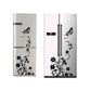 Black floral refrigerator sticker with a bird, butterfly, vines, and blossoms on two doors.