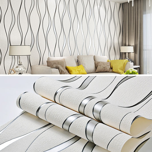 3D wave ripple non-woven wallpaper roll, white with dark wavy lines pattern