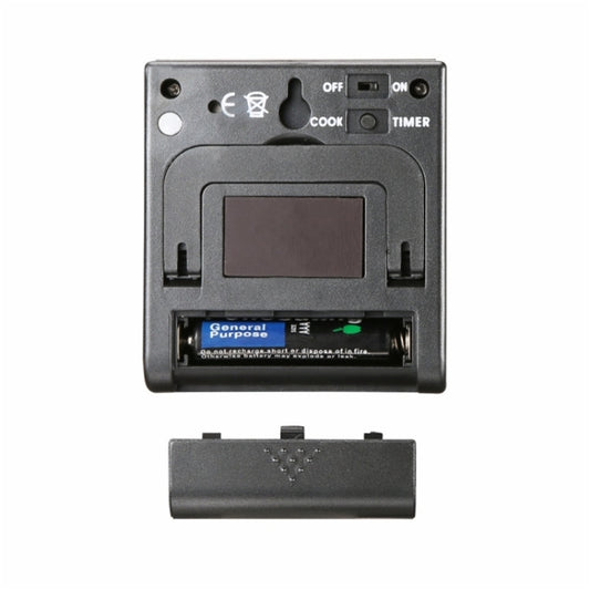 Digital oven probe thermometer back view with power switches and battery compartment