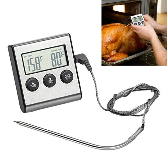 Digital oven probe thermometer with LCD display, grey cord, and metal temperature probe