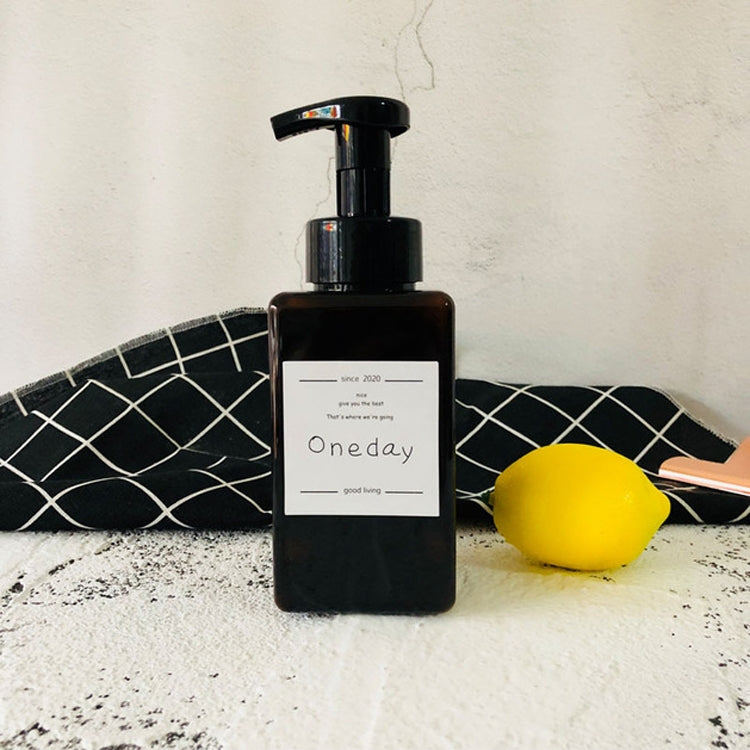 Square foam press bottle with black pump, brown/amber bottle, labeled One day