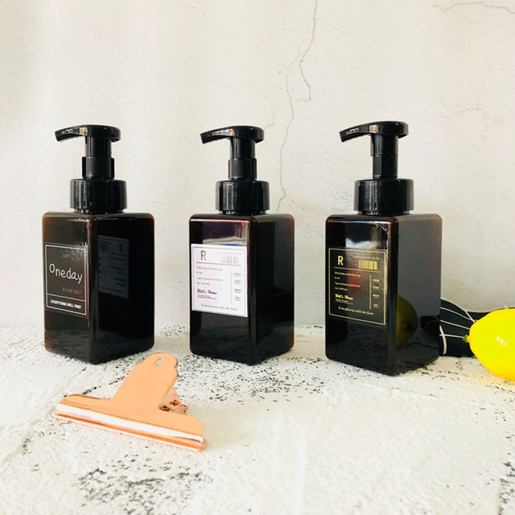 Set of three square foam press bottles with black pumps and One day labels