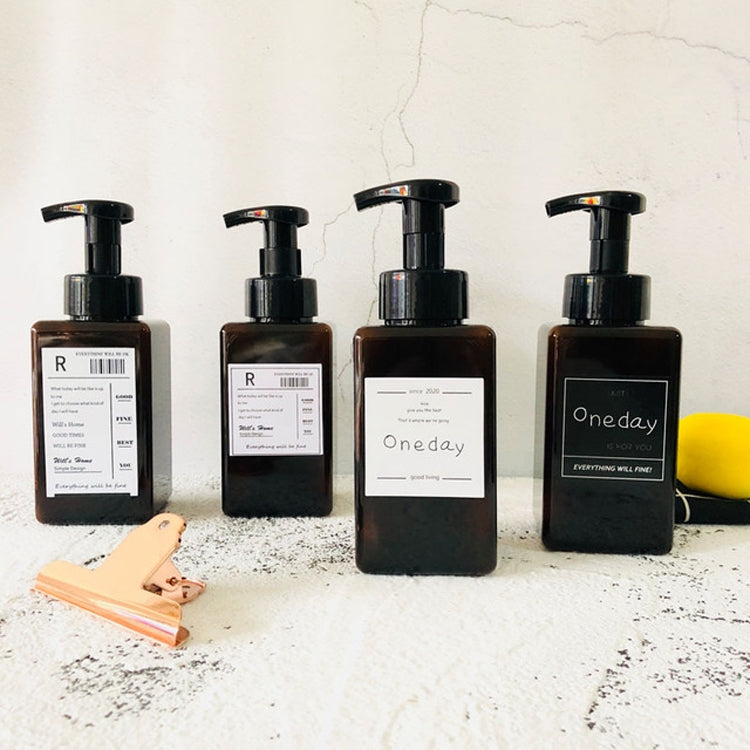 Set of four square foam press bottles with black pumps, various labels, One day