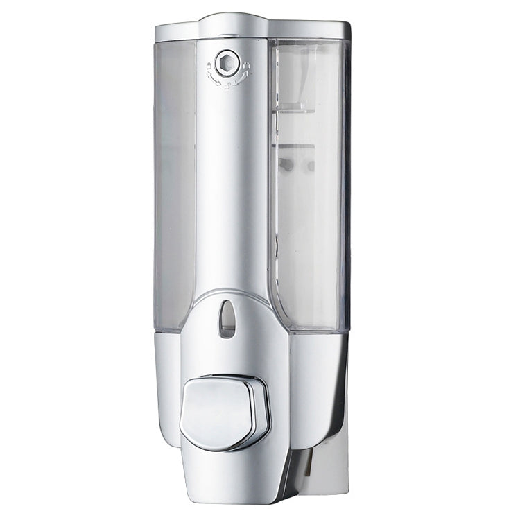 Wall-mounted manual soap dispenser, matte silver with clear refill tube and teal liquid